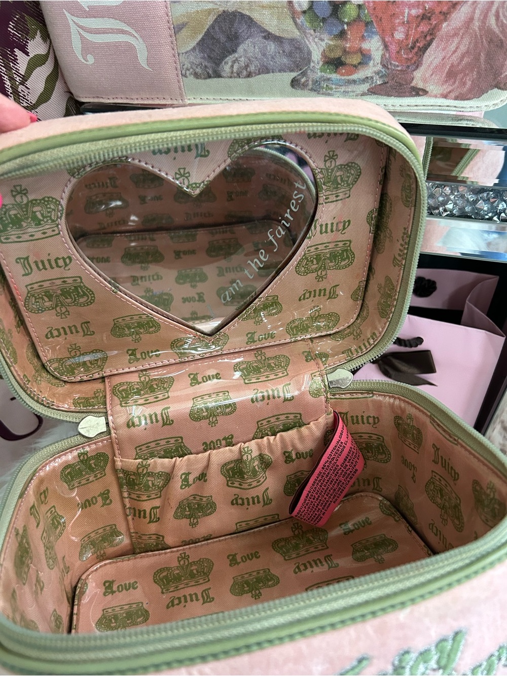 Vintage Juicy Couture Pink Velour Green Logo Train Case Matching Jewelry Case - Picture 7 of 13